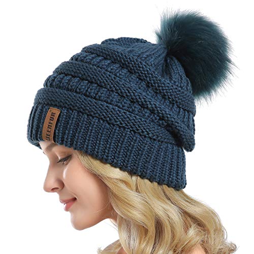 Women Knit Slouchy Beanie Chunky Baggy Hat with Faux Fur Pompom Winter Soft Warm Ski Cap - color: D9-dark Teal