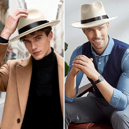 BABEYOND 1920s Fedora Hat for Men Gatsby Wide Brim Hat Felt Panama Cap - color: Off-white