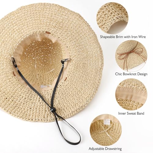 Beach Sun Straw Hats for Women Floppy Wide Brim UV Packable Summer - color: Beige