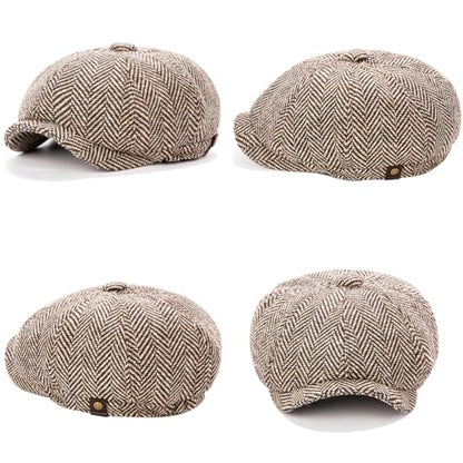 Men's Wool Newsboy Cap 8-Panel Tweed Taxi Hat Herringbone Gatsby Flat Hats - color: Coffee