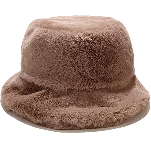 Winter Faux Fur Furry Bucket Hat Fluffy Fuzzy Warm Hat Plush Fisherman Hat for Women Men Teens Girls - color: A Khaki