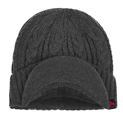 Original One Men Wool Blend Cable Knitted Visor Beanie Winter Knit Hat with Brim Fur Lined Ski Cap - color: Grey
