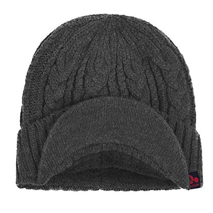 Original One Men Wool Blend Cable Knitted Visor Beanie Winter Knit Hat with Brim Fur Lined Ski Cap - color: Grey