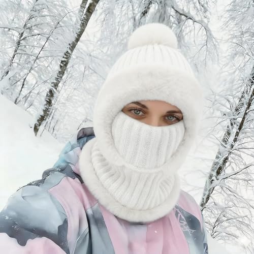 AQOKKA 3 in 1 Knit Fleece Lined Beanie Hat with Scarf and Mask Warm - color: White
