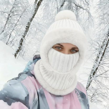 AQOKKA 3 in 1 Knit Fleece Lined Beanie Hat with Scarf and Mask Warm - color: White