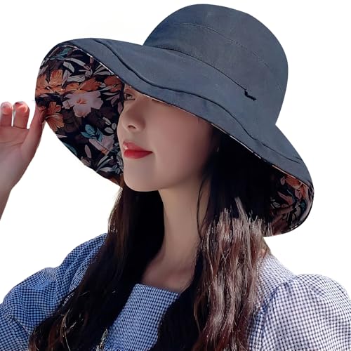 Women Bohemian Reversible Sun Hat Wide Brim Fishing Hats - color: Black Floral