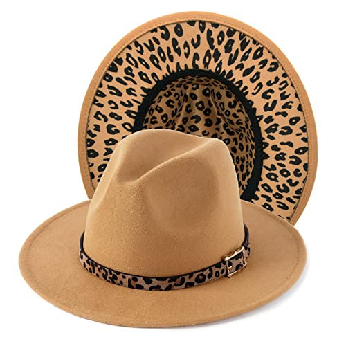 Women's Wide Brim Felt Fedora Panama Hat with Leopard - color: Y-camel & Leopard