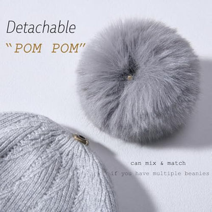 Knit Hat Scarf Set with Detachable Pom Pom, Wool Blend Winter Beanie & Long Scarf, Cold Weather Accessories for Women - color: Grey