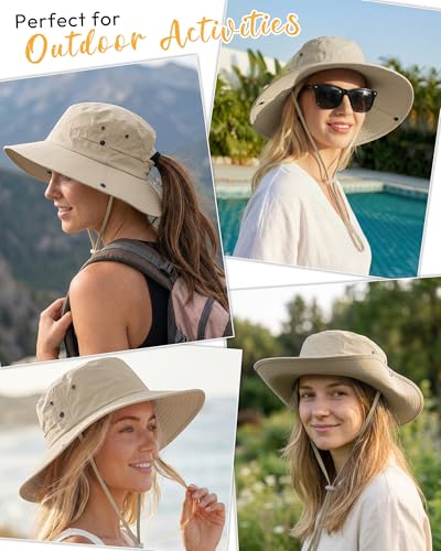 Women Sun Hat with Ponytail Hole Wide Brim Bucket Sun Protection for Summer - color: Beige
