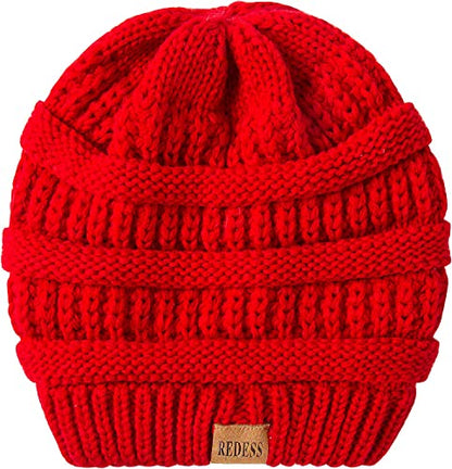 REDESS Slouchy Beanie Hat for Men and Women Winter Warm Knit Hat Chunky Soft Oversized Cable Cap - color: B6 Red