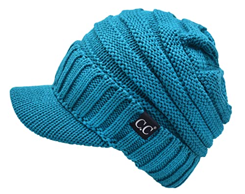 C.C Trendy Warm Oversized Chunky Soft Oversized Ribbed Slouchy Knit Hat with Visor Brim - color: Teal