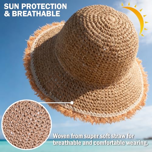 Women's Straw Bucket Sun Hat, Packable Floppy Wide Brim Beach Hat - color: Khaki