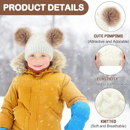 Geyoga 3 Pcs Winter Baby Beanies Double Pompom - color: Light Pink, Cream White, Khaki