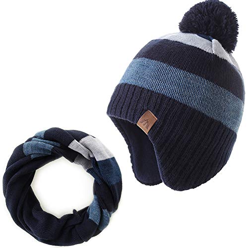 Moon Kitty Baby Boys Hats Toddler Beanies for Boys Winter Fleece Winter Hat Boys - color: 2pack Beige Stripe+scraf, size: 1-3T