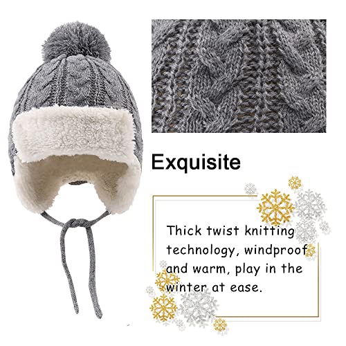 Peecabe Winter Kids Beanie Hat Baby Knitted Hats Fleece Earflap Toddler Cap - color: Gray, size: 2-5T