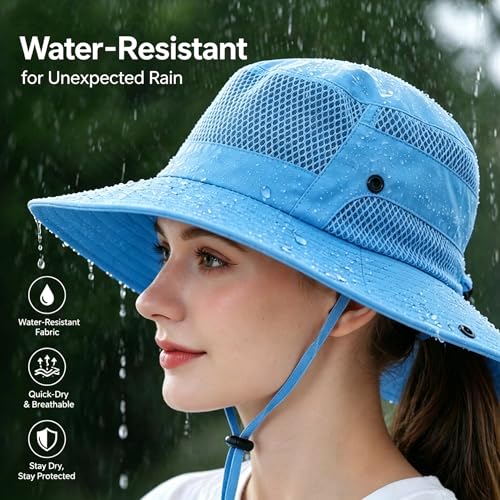 Sun Bucket Hat for Men Women Wide Brim UPF 50+ UV Protection Waterproof - color: Sky Blue