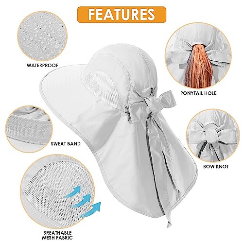 Womens Sun Hat UV Protection, Foldable Waterproof Wide Brim Bucket Hats with Neck Flap for Summer Beach Fishing Hiking - color: Light Grey