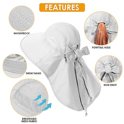Womens Sun Hat UV Protection, Foldable Waterproof Wide Brim Bucket Hats with Neck Flap for Summer Beach Fishing Hiking - color: Light Grey