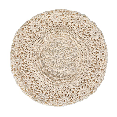 ZLYC Women Cotton Slouchy Crochet Beret Handmade Cutout Floral Beanie Hat - color: Plain Beige