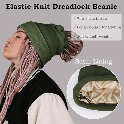 Ababalaya Unisex Satin Lined Knit Open Beanies Rasta Beanie - color: Army Green