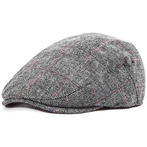 Herringbone Flat Ivy Newsboy Cap for Men 1920s Wool Blend Tweed Cabbie Hat - color: 003 Plaid Grey, size: Small-Medium