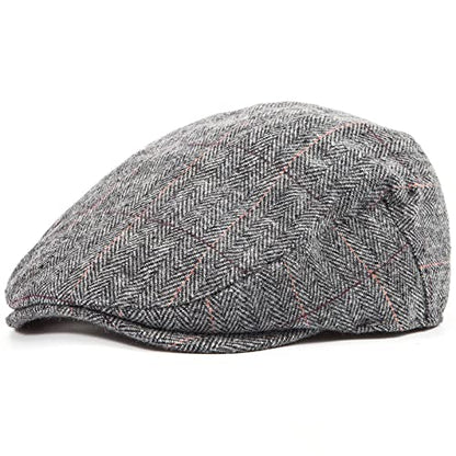Herringbone Flat Ivy Newsboy Cap for Men 1920s Wool Blend Tweed Cabbie Hat - color: 003 Plaid Grey, size: Small-Medium
