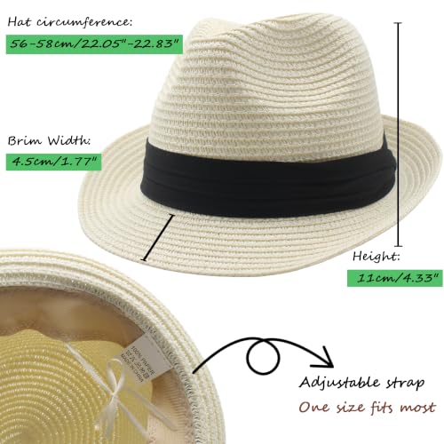 Straw Fedora Hat for Women Men Short Brim Panama Hats Derby Trilby Hats Breathable Packable Summer Beach Sun Hat - color: White Black