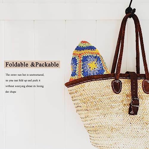 Womens Multicolor Floral Crochet Straw Sun Hat Wide Brim Summer Beach Hat - color: Blue