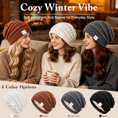 FEQO 4 Pack Satin Lined Beanies Slouchy Beanie Oversized Cable Knit Caps - color: Black, White, Dark Gray, Khaki