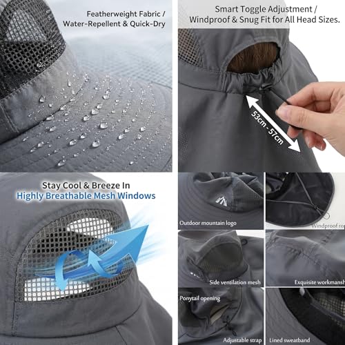 UV Sun Protection Hat Women Foldable Neck Flap Wide Brim Fishing Hat with Ponytail Hole for Women - color: Dark-gray