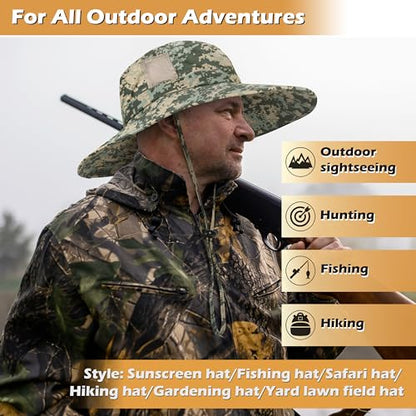 Men Safari Sun Hat Wide Brim Boonie Fishing Cap with Adjustable Drawstring - color: Grey Digital Camo
