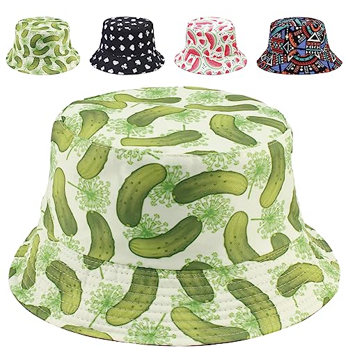 Reversible Bucket Hat for Women Summer Travel Fisherman Cap, Girls Cute Double Side Wear Bucket Cap - color: Cucumber