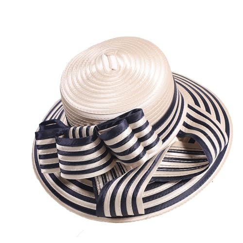 Women Derby Church Dress Fascinator Wide Brim Hats 1920s Vintage Tea Party Wedding Cloche Bowler Hats - color: Champagne/Navy