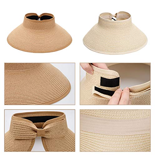 MAYLISACC Foldable Straw Sun Visors for Women, Sun Protecetion Wide Brim Sun Hats Adjustable Topless Beach Hat - color: Khaki+beige