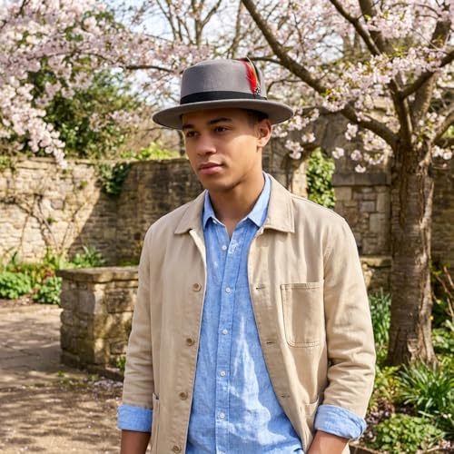 Wool Felt Fedora Hats for Women Men, Wide Brim Flat Top Hat Porkpie Hat, Jazz Hat with Feather Unisex - color: Gray