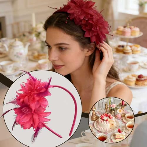 Fascinators for Women Ribbon Feather Tea Party Headwear - color: Magenta