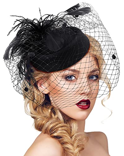 Pillbox Hat with Veil Vintage Fascinators for Women Tea Party Bridal Wedding Halloween First Communion Hats - color: A-black With Feathers