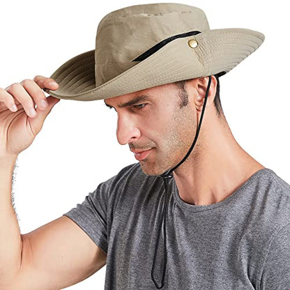 Sun Hats for Men Women UPF 50+ Wide Brim Bucket Hat Waterproof Packable Cowboy Hat for Fishing Beach Safari Gardening Golf - color: Khaki