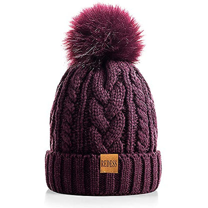 REDESS Women Winter Pompom Beanie Hat with Warm Fleece Lined Thick Slouchy Snow Knit Hat Skull Ski Cap - color: Dark Purple