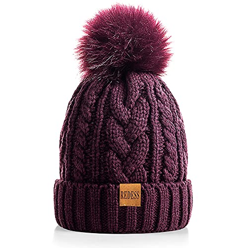 REDESS Women Winter Pompom Beanie Hat with Warm Fleece Lined Thick Slouchy Snow Knit Hat Skull Ski Cap - color: Dark Purple