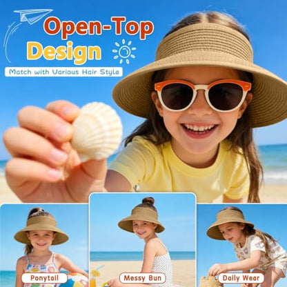 ZOORON Girls Straw Sun Visor Hat, Wide Brim Ponytail Beach Hat with Bow - color: Khaki