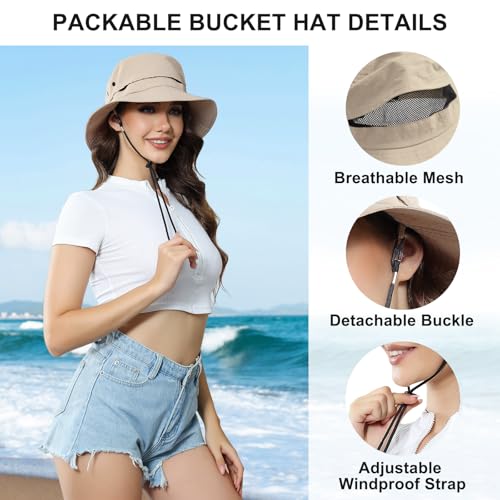 Packable Bucket Hat for Women Waterproof UV Protection Sun Hat - color: Light Brown