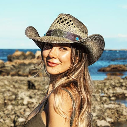 FLUFFY SENSE. Cowgirl Hats for Women Straw Cowboy Hat Western Beach Sun Hat with Shapeable Brim for Coastal Cowgirl - color: Faded Ash Brown