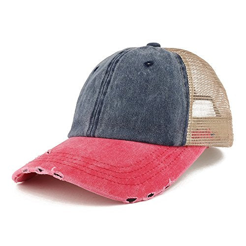 Trendy Apparel Shop Pigment Dyed Front Mesh Back Frayed Bill Trucker Cap - color: Navy Red