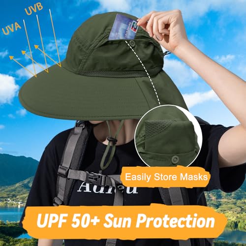 Sun Hats for Men Women Detachable Face Cover Wide Brim Fishing Hats with Neck Flap UPF 50+ Outdoor Safari Hats - color: Army Green