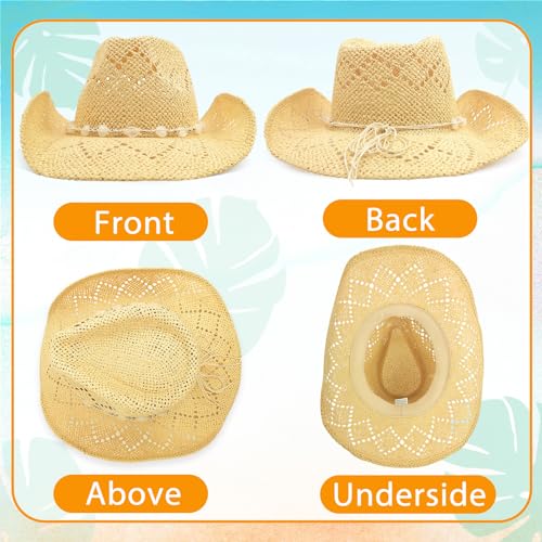 Men's Women's Straw Cowboy Hat, Western Cowgirl Hat, Wide Brim Hollow Out Sun Beach Hat with Three Decorative Bands - color: Pale Yellow