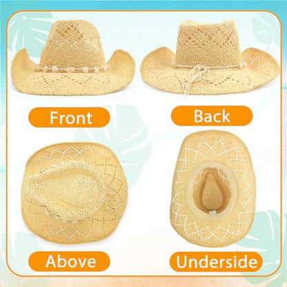 Men's Women's Straw Cowboy Hat, Western Cowgirl Hat, Wide Brim Hollow Out Sun Beach Hat with Three Decorative Bands - color: Pale Yellow