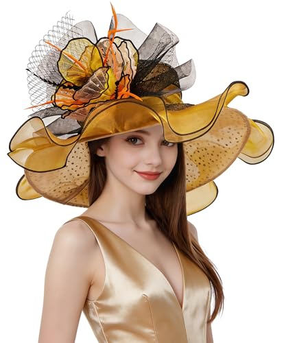 Organza Church Derby Hats for Women Wedding Tea Party Fascinator Floral Wide Brim Sun Hat - color: Style07 Gold Black