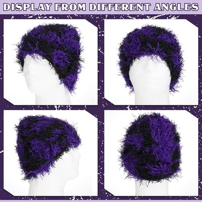 Chuarry Distressed Knitted Beanie Fuzzy Winter Hat - color: Purple