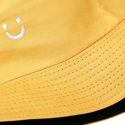 Unisex Cotton Packable Bucket Hat Sun Hat Beach Cap for Men Women - color: Smile Face Yellow/Black